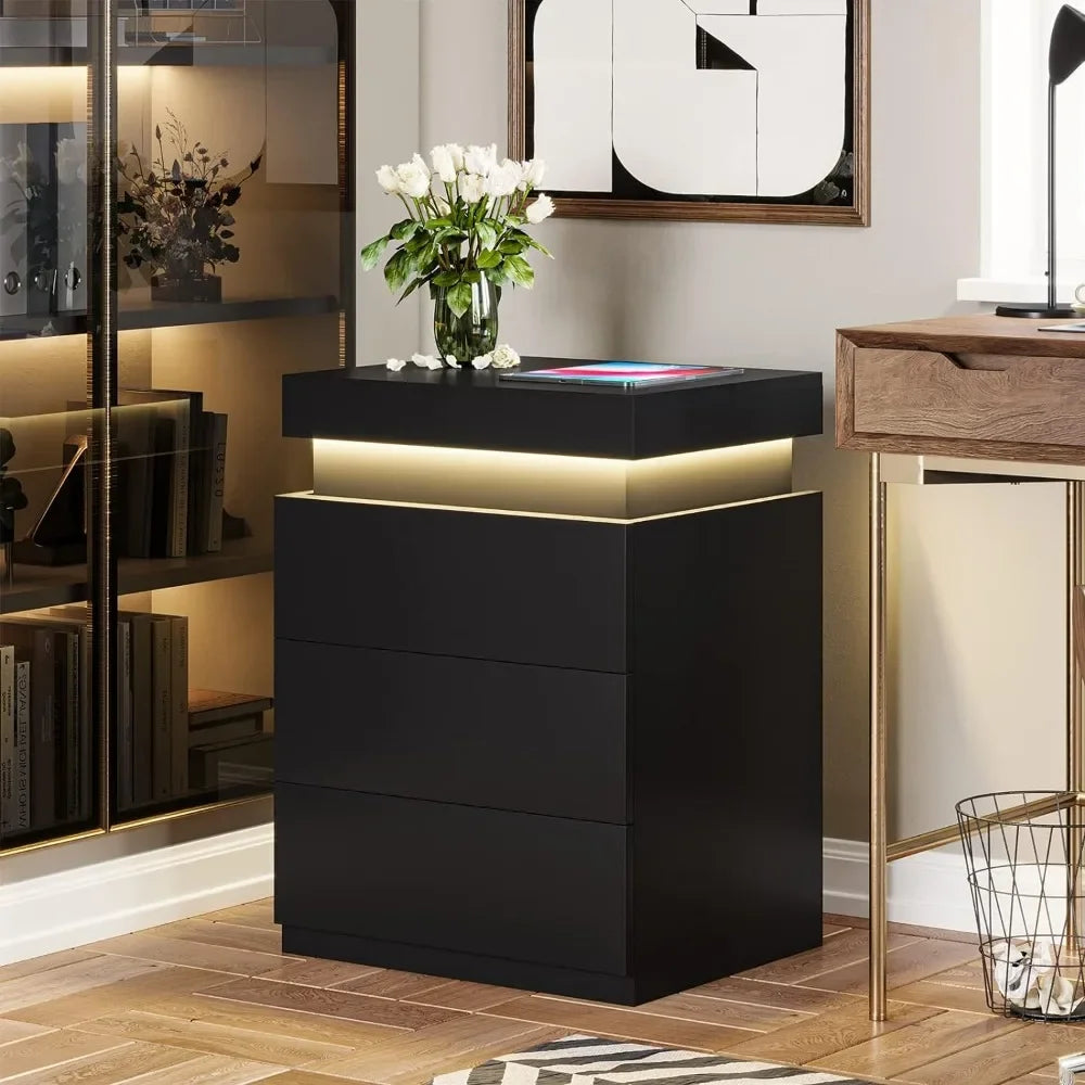 2 Pieces Modern Bedside Table with Lights & Storage