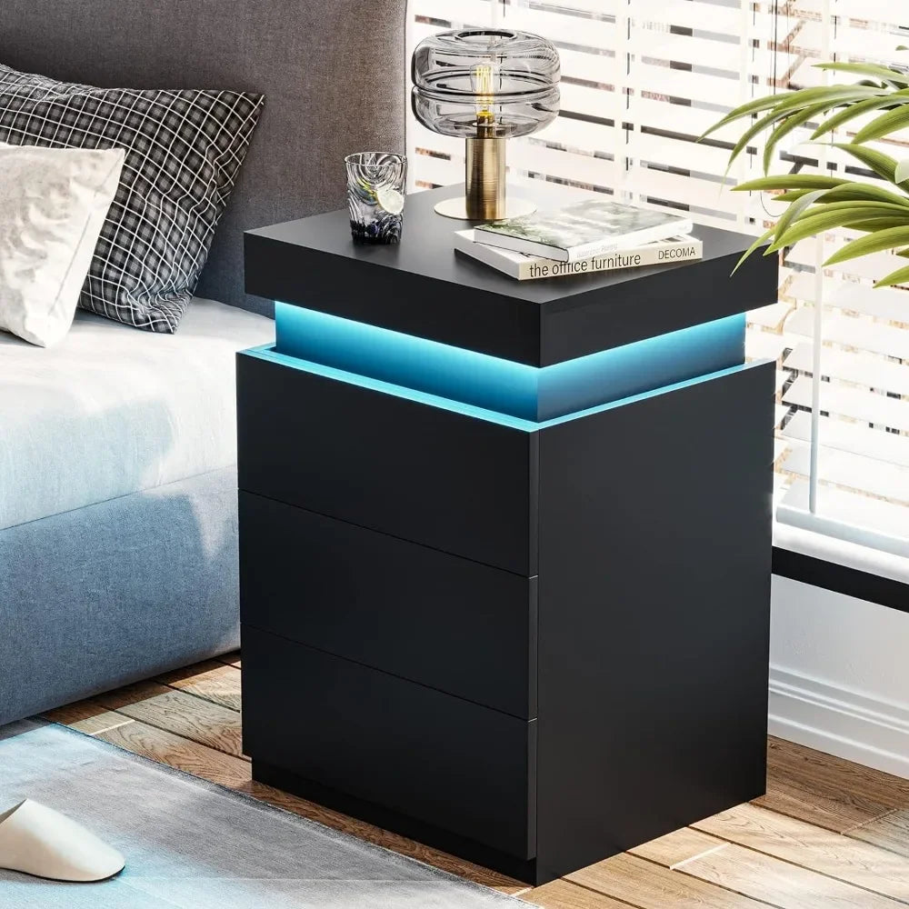 2 Pieces Modern Bedside Table with Lights & Storage