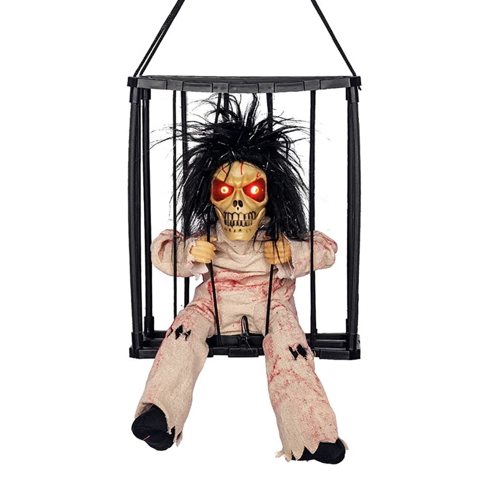Halloween Scary Skull Prop β Talking Ghost with Glowing Eyes & Sound in Prisoner Cage