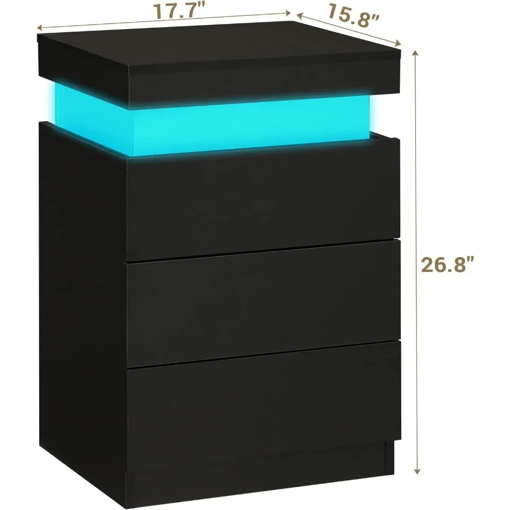 2 Pieces Modern Bedside Table with Lights & Storage