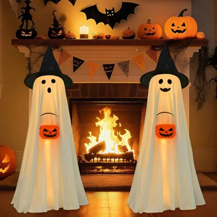 Halloween Light-Up Ghosts with Pumpkins – 2-Pack Indoor & Outdoor Decorations