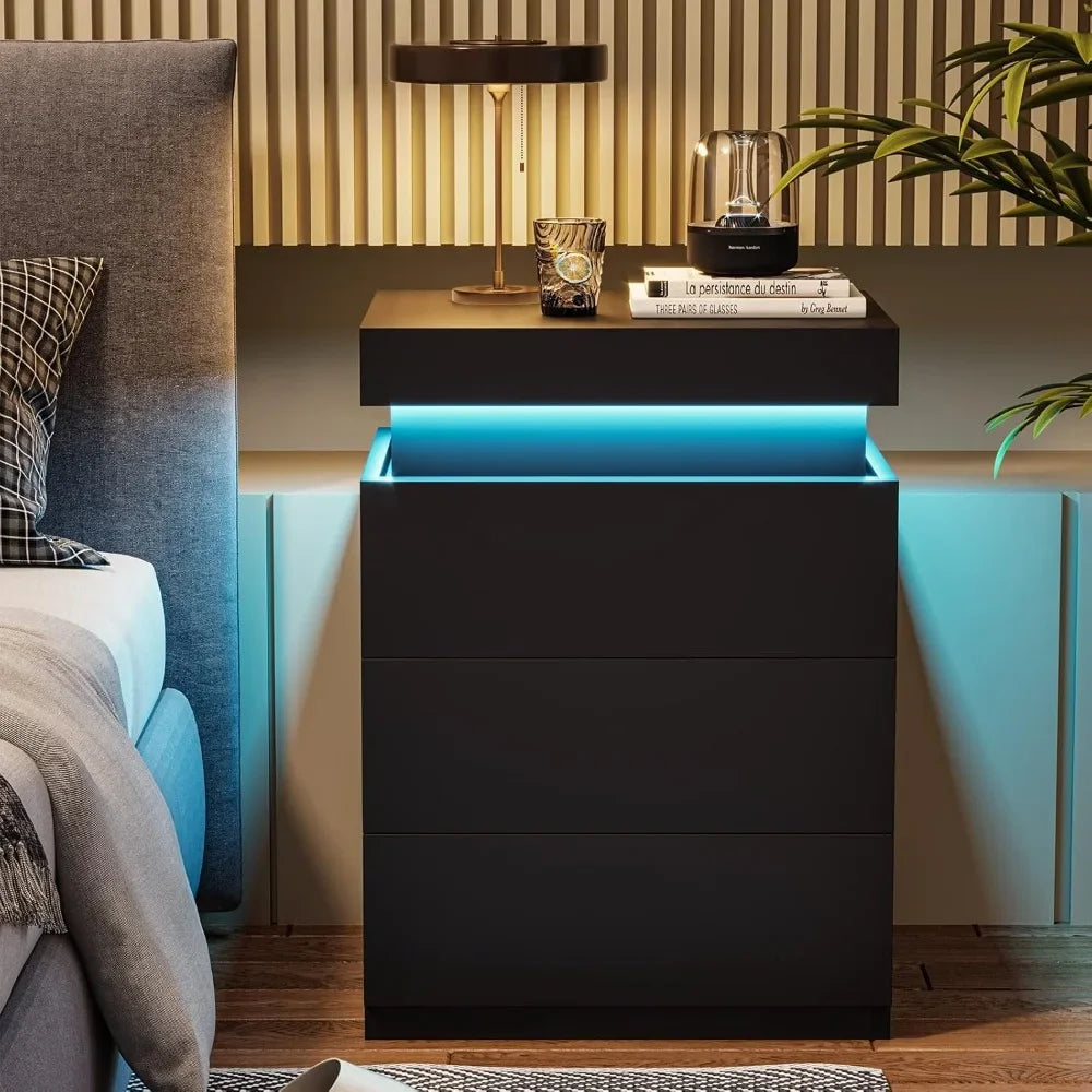2 Pieces Modern Bedside Table with Lights & Storage