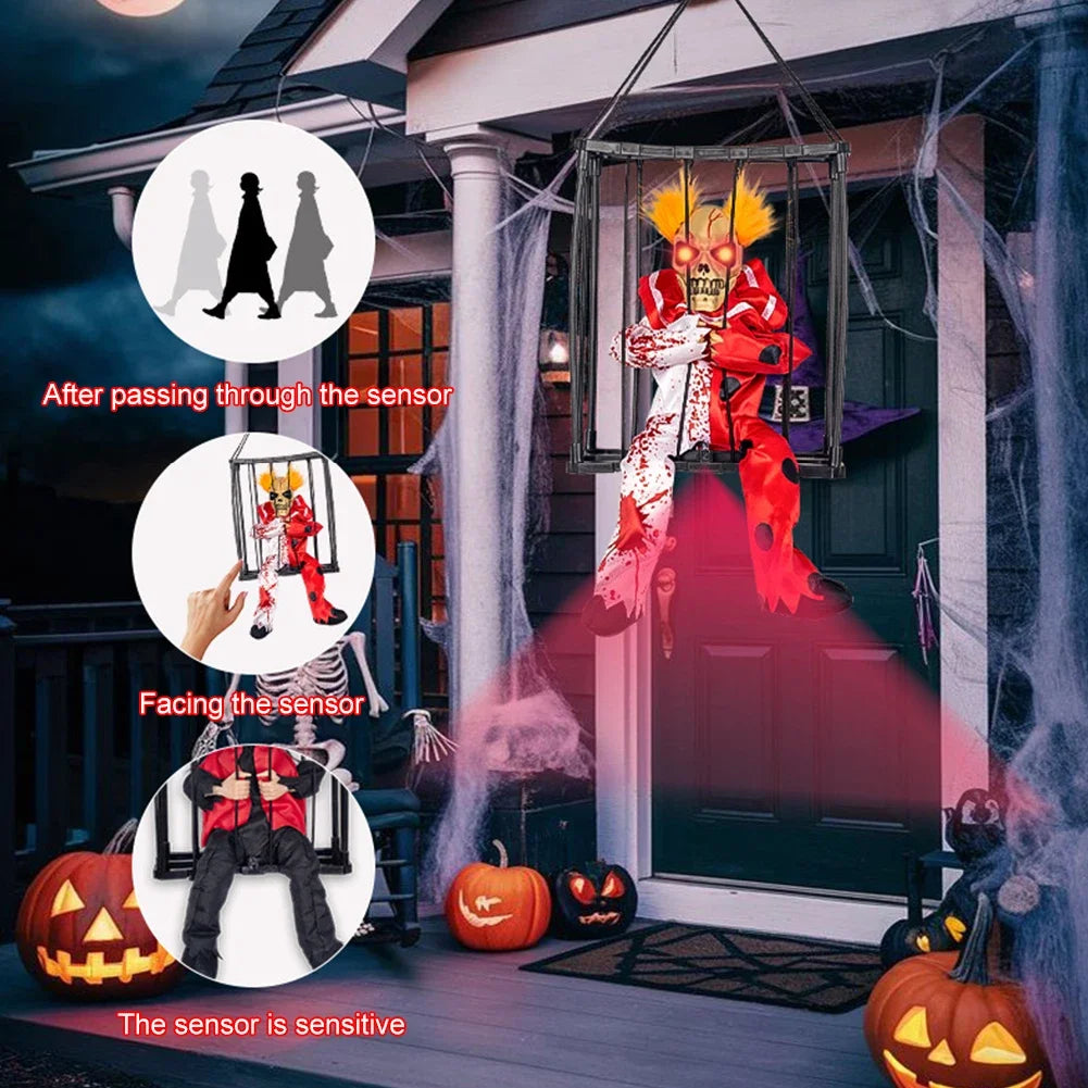 Halloween Scary Skull Prop – Talking Ghost with Glowing Eyes & Sound in Prisoner Cage