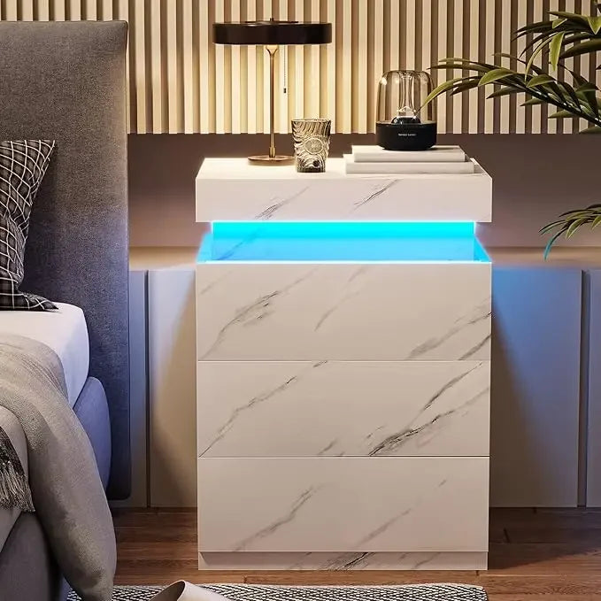 2 Pieces Modern Bedside Table with Lights & Storage