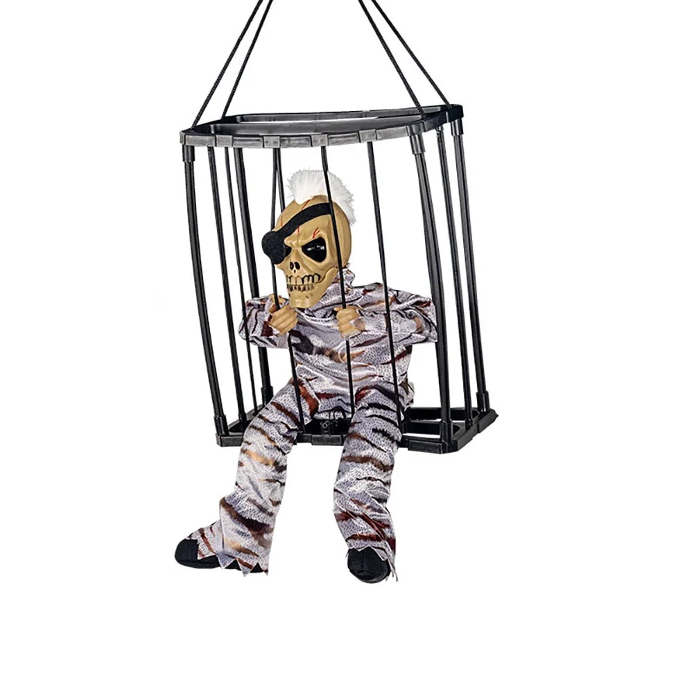 Halloween Scary Skull Prop – Talking Ghost with Glowing Eyes & Sound in Prisoner Cage