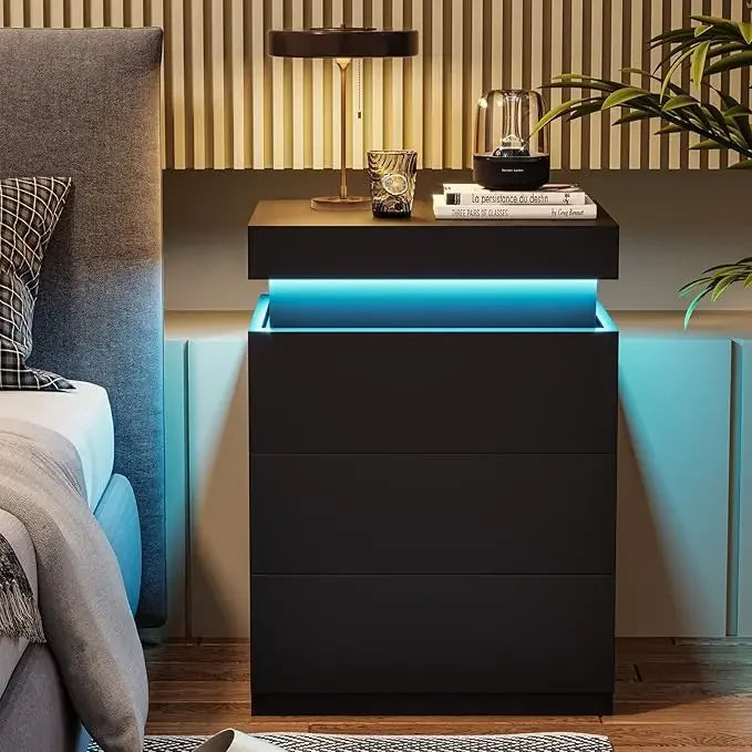 2 Pieces Modern Bedside Table with Lights & Storage